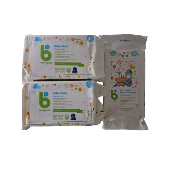 2 Pks -Babyganics Baby Wipes(160) w/Toy, Table, High Chair Wipes(25) Organic - Picture 1 of 4